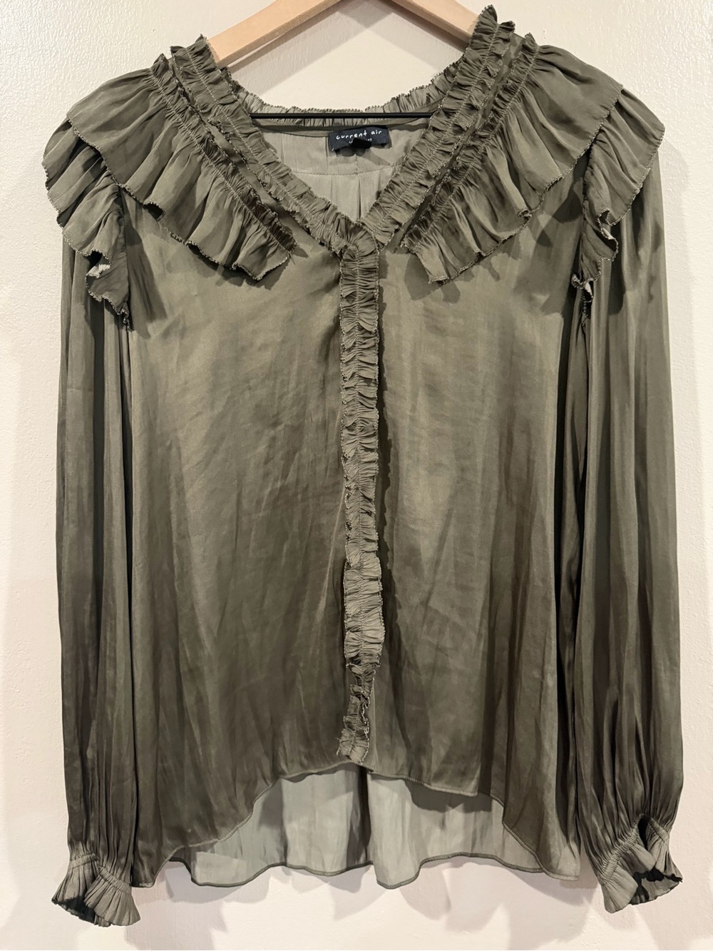 Current Air Olive Ruffle-Trim Long Sleeve Blouse Medium